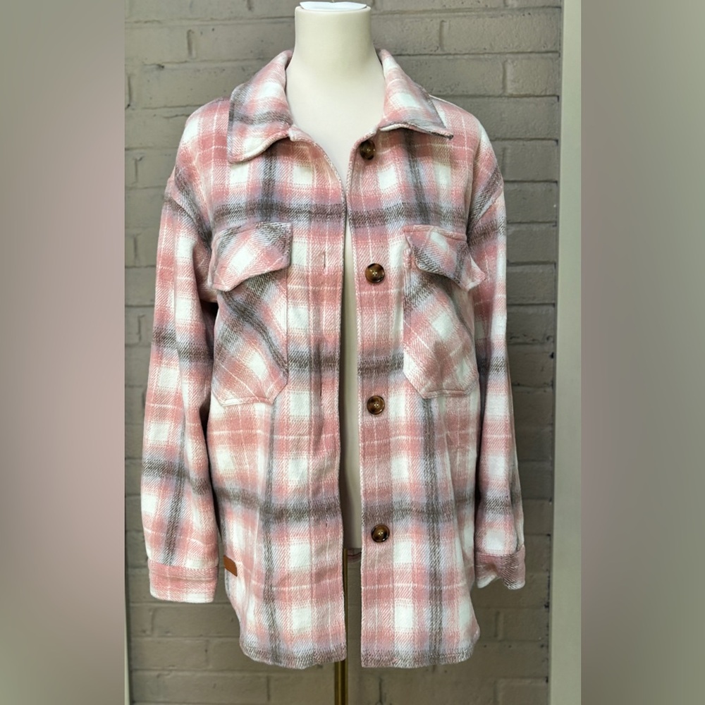 Simply Southern Pink Plaid Utility Jacket /Shaklet M